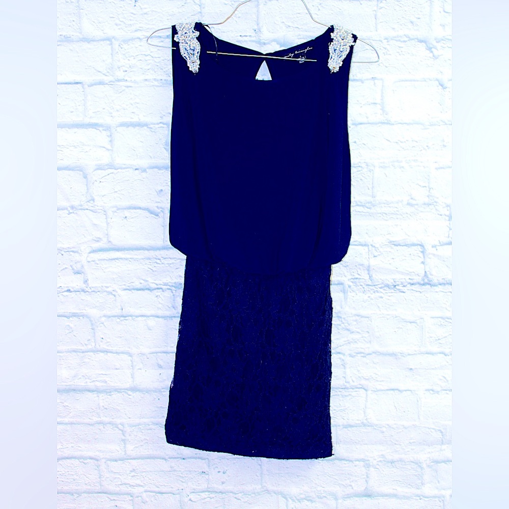 Blue Prom Mini Party Dress Navy Blue with Embroidery on the Lace Size Sm W